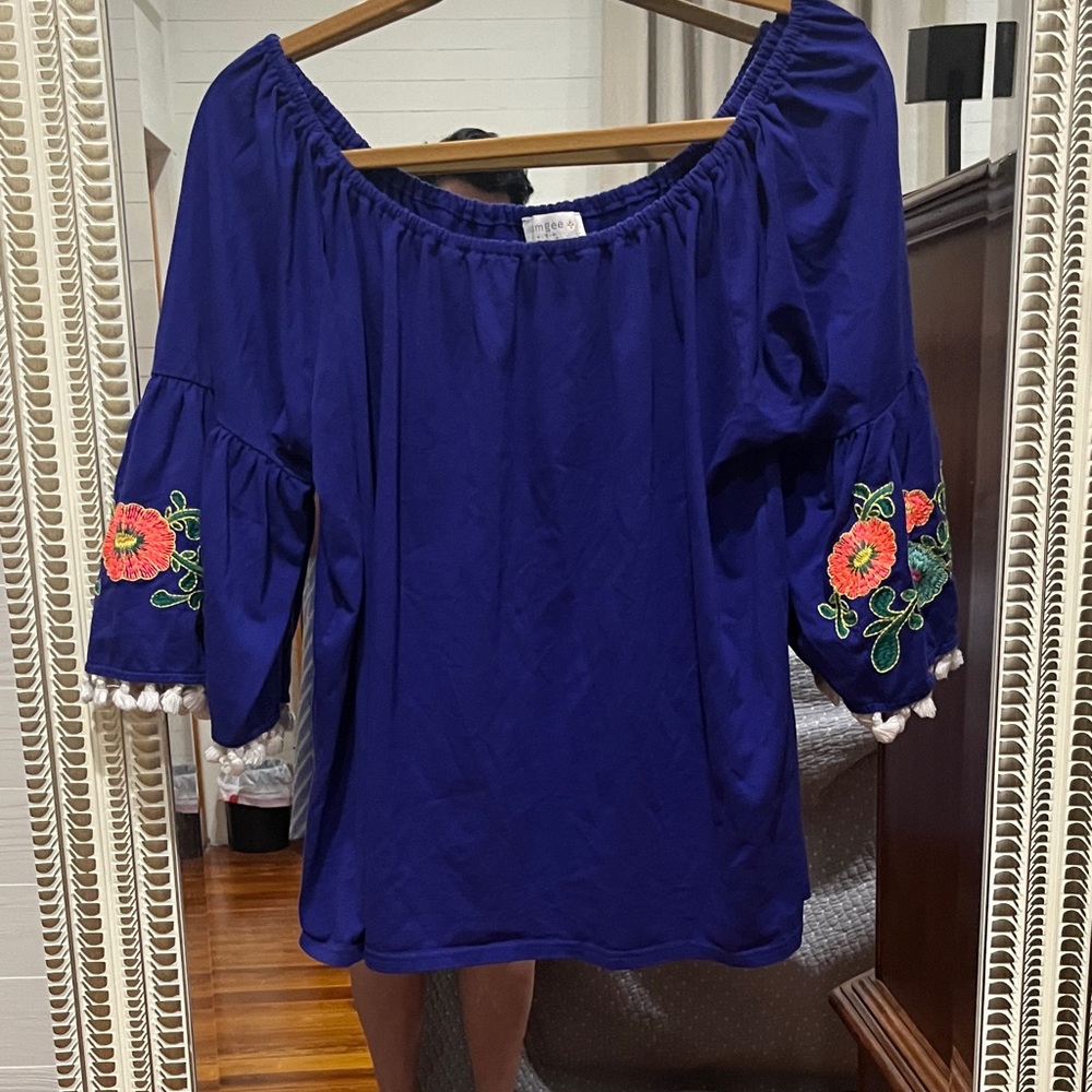 Umgee Royal Blue Blouse with Floral Embroidery